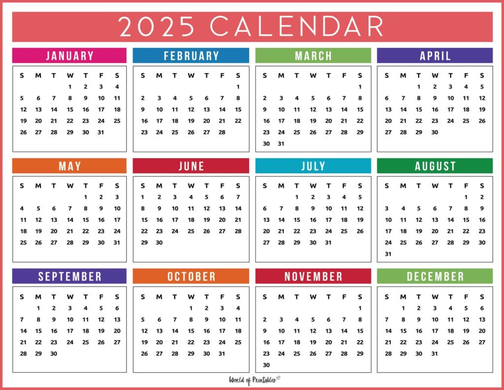 2025 Year Calendars - 70 Best Printables - World Of Printables for Printable Calendar 2025 Colorful | CalendarCrazePrint.Com