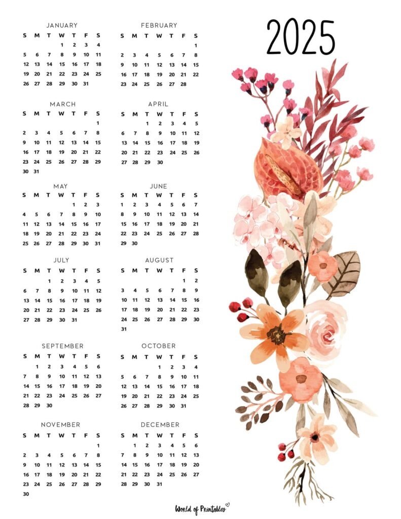 2025 Year Calendars - 70 Best Printables - World Of Printables for Printable Calendar 2025 Floral | CalendarCrazePrint.Com