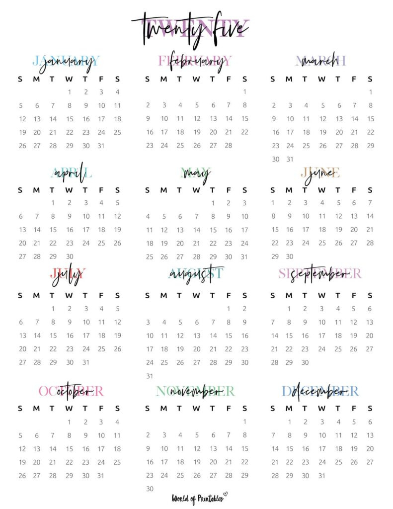 2025 Year Calendars - 70 Best Printables - World Of Printables pertaining to Free Calendar Printables 2025 | CalendarCrazePrint.Com