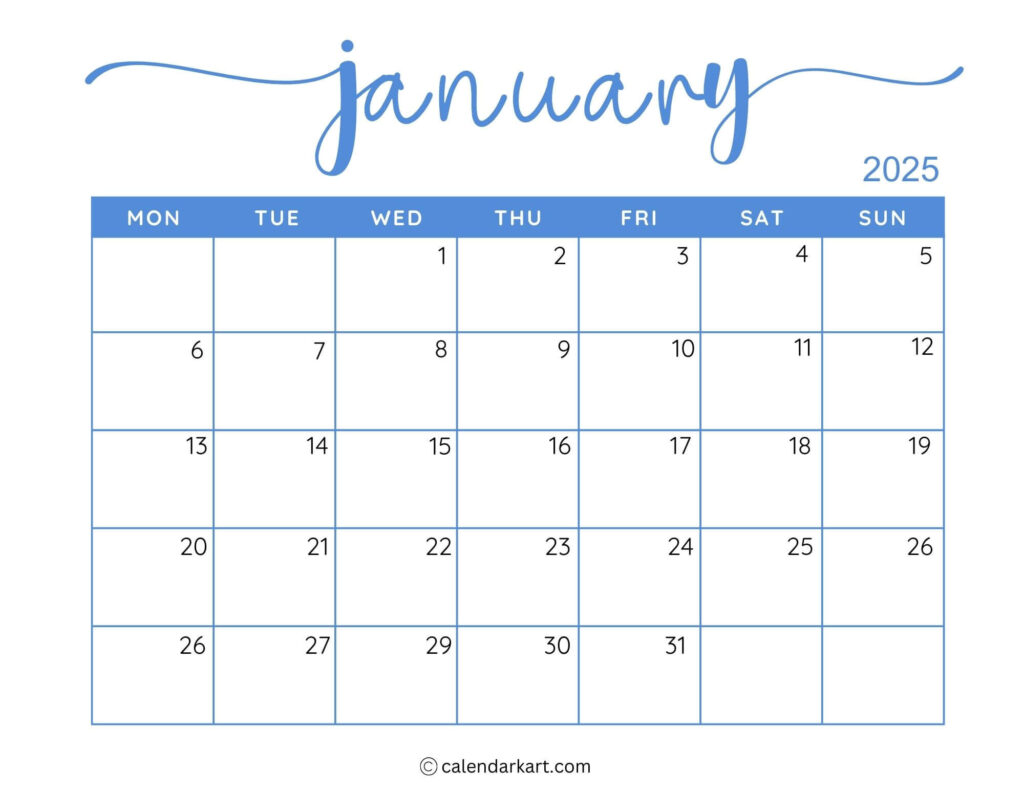 40+ Printable January 2025 Calendars | Free Pdf   Calendarkart In 2025 January Calendar Printable | CalendarCrazePrint.Com