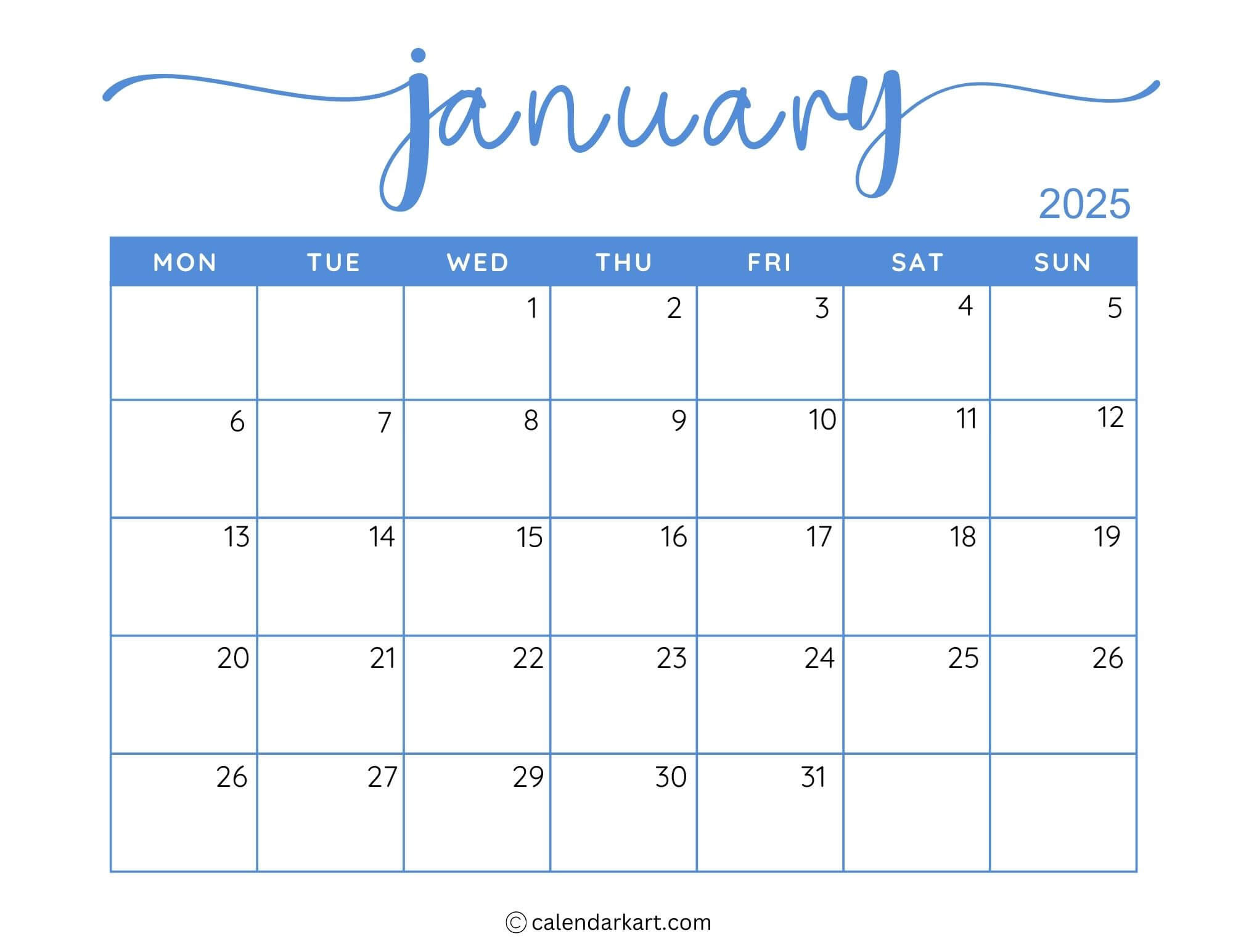 40+ Printable January 2025 Calendars | Free Pdf - Calendarkart in 2025 January Calendar Printable | CalendarCrazePrint.Com