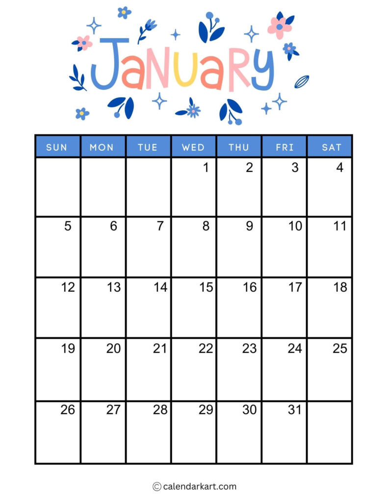 40+ Printable January 2025 Calendars | Free Pdf   Calendarkart Inside January 2025 Calendar Vertical Printable  | CalendarCrazePrint.Com