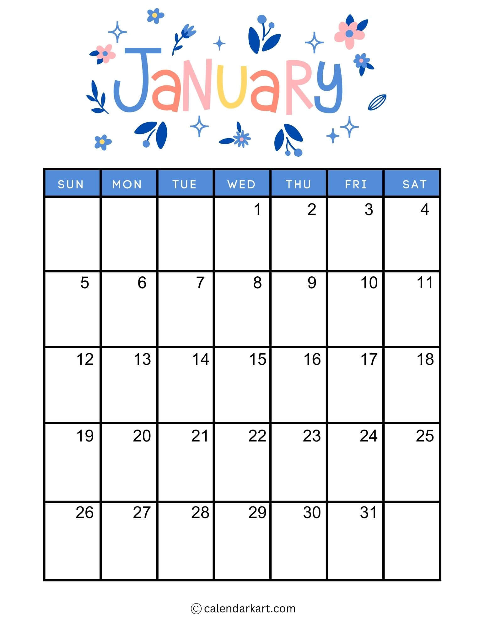 40+ Printable January 2025 Calendars | Free Pdf - Calendarkart inside January 2025 Calendar Vertical Printable | CalendarCrazePrint.Com