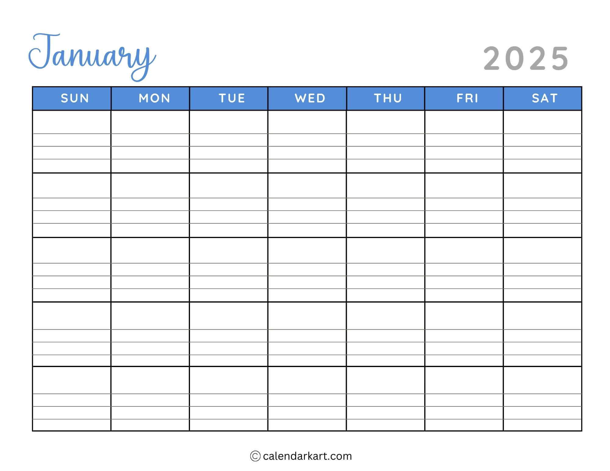 40+ Printable January 2025 Calendars | Free Pdf - Calendarkart pertaining to 2025 Calendar With Lines Printable | CalendarCrazePrint.Com