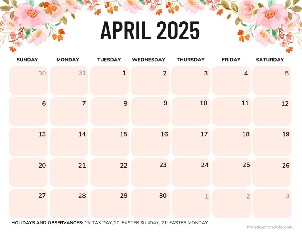 April 2025 Calendar (52 Free Pdf Printables) For  Calendars 2025 | CalendarCrazePrint.Com