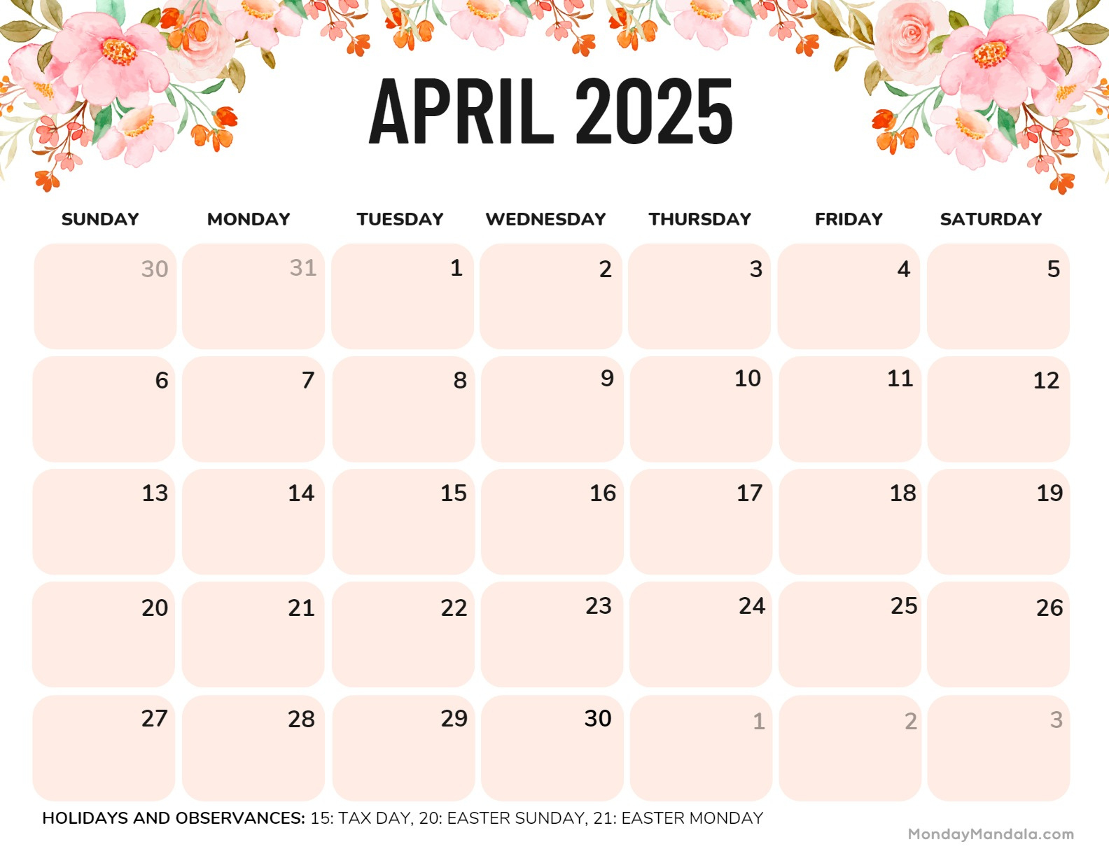 April 2025 Calendar (52 Free Pdf Printables) for Calendars 2025 | CalendarCrazePrint.Com