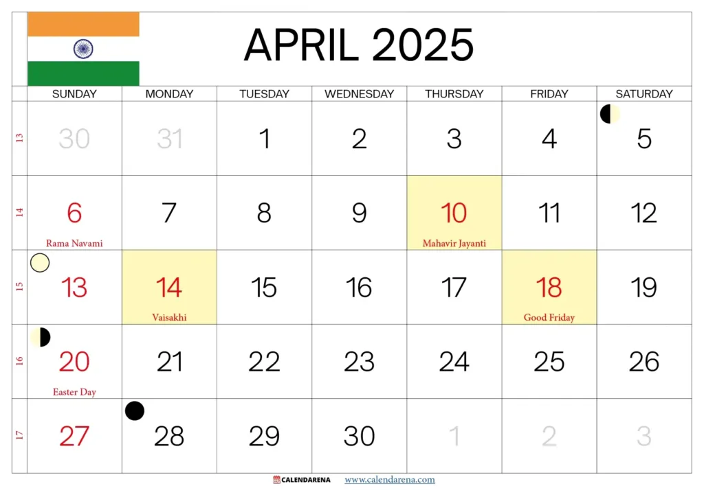 April 2025 Calendar India With Holidays Regarding Printable April 2025 Calendar With Holidays  | CalendarCrazePrint.Com