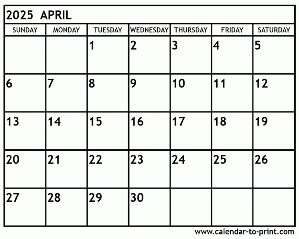 April 2025 Calendar Printable In  Calendars 2025 | CalendarCrazePrint.Com