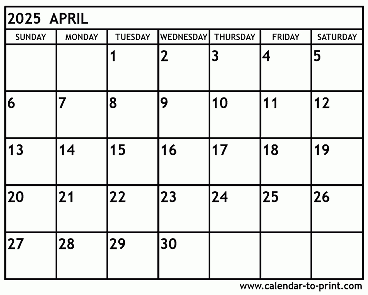 April 2025 Calendar Printable in Calendars 2025 | CalendarCrazePrint.Com