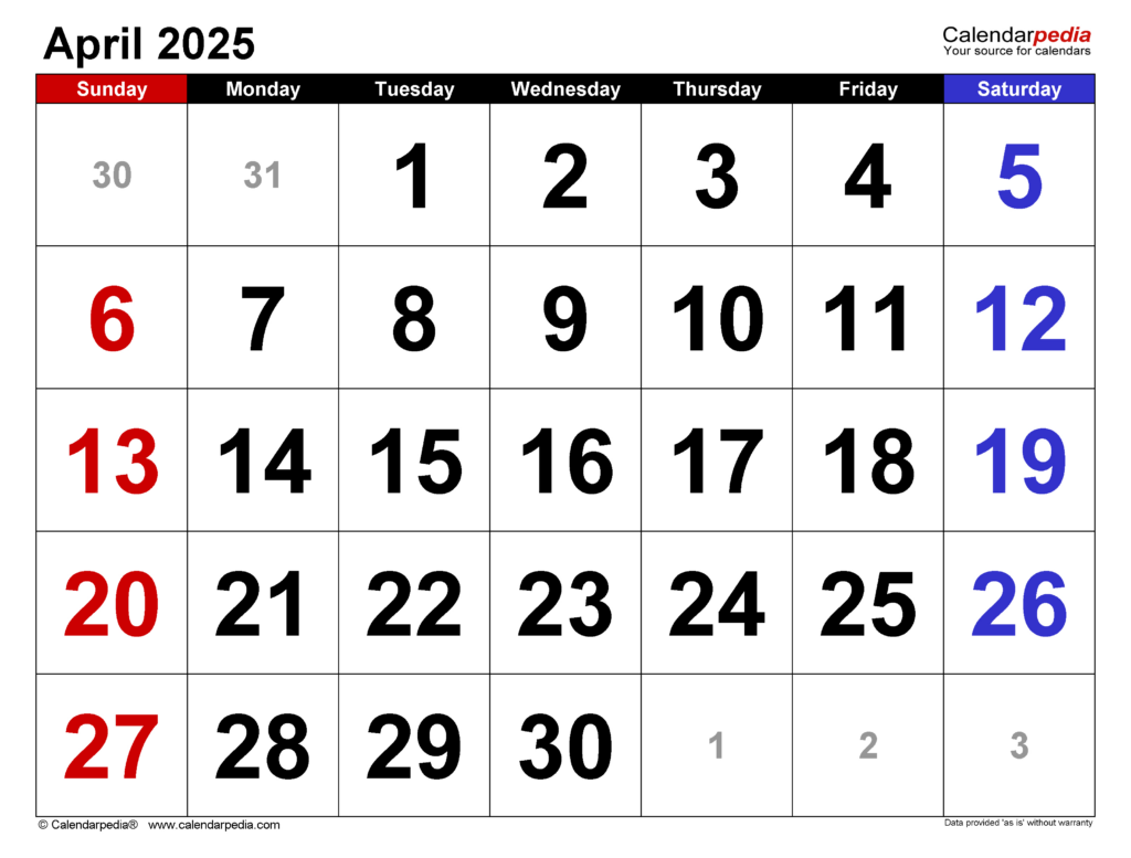 April 2025 Calendar | Templates For Word, Excel And Pdf Intended For 2025 Printable Calendar By Month April  | CalendarCrazePrint.Com