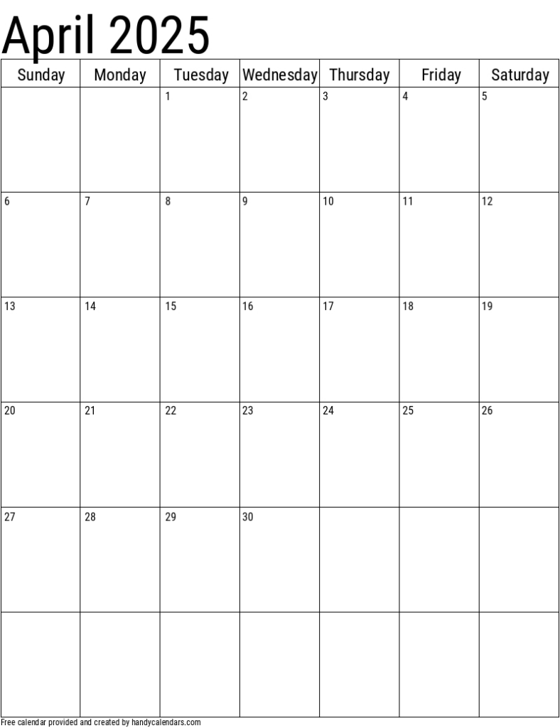 April 2025 Vertical Calendar   Handy Calendars For  Calendars 2025 | CalendarCrazePrint.Com