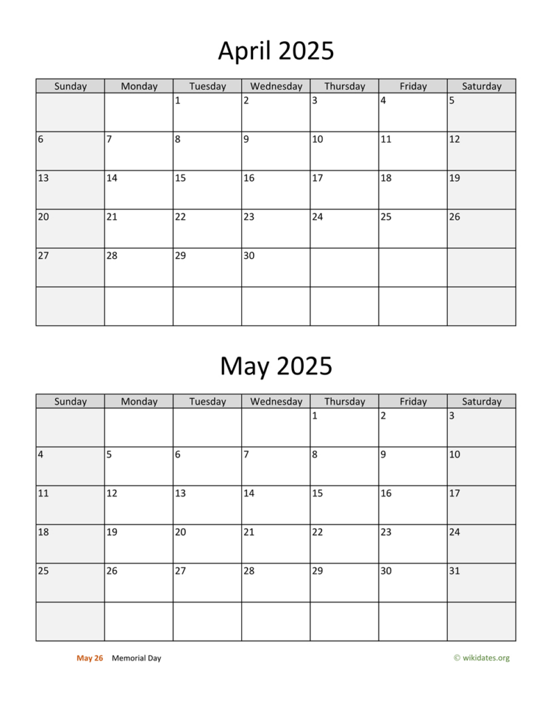 April And May 2025 Calendar | Wikidates In March April May Calendar 2025 Printable  | CalendarCrazePrint.Com