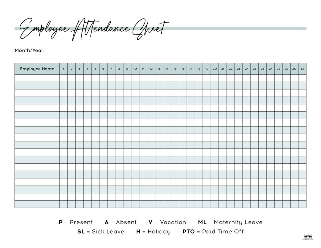 Attendance Sheets - 52 Free Printables | Printabulls within Free Printable 2025 Employee Attendance Calendar | CalendarCrazePrint.Com