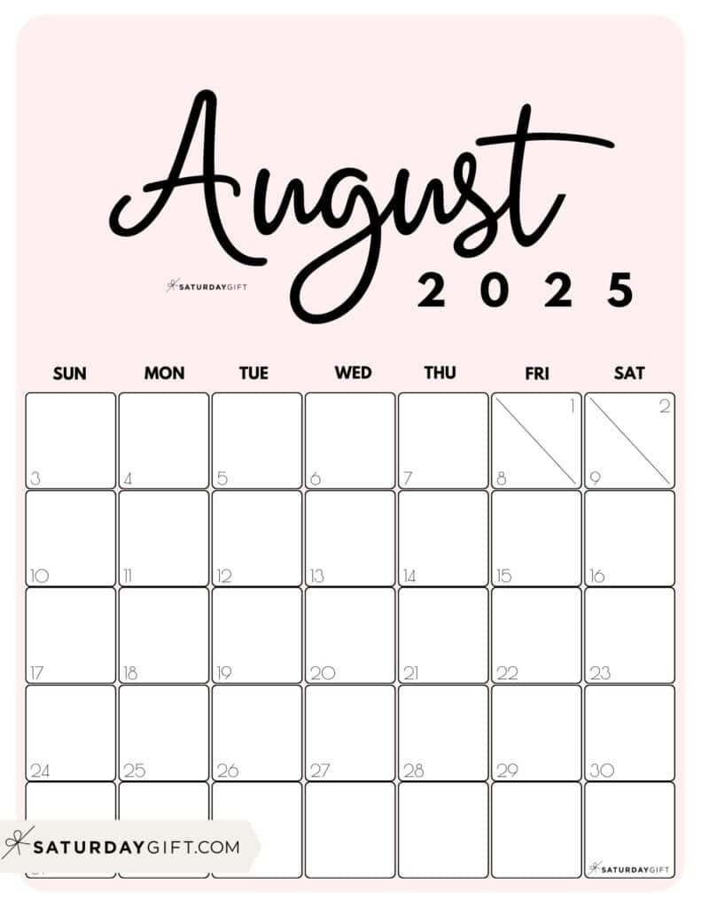 August 2025 Calendar - 20 Cute &amp;amp; Free Printables | Saturdaygift in August 2025 Calendar Printable Vertical | CalendarCrazePrint.Com