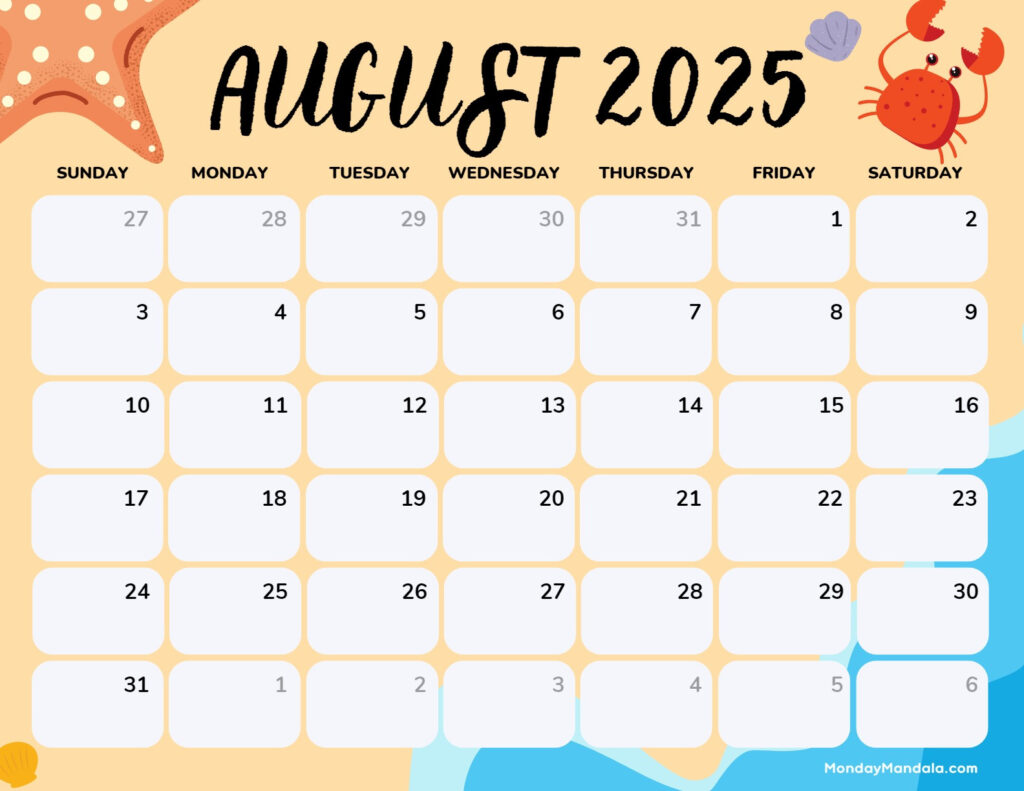 August 2025 Calendar (52 Free Pdf Printables) Inside  Calendars 2025 | CalendarCrazePrint.Com