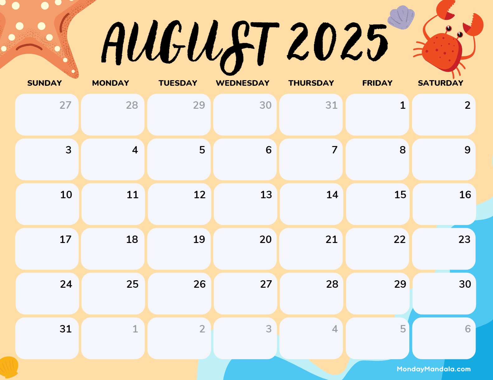 August 2025 Calendar (52 Free Pdf Printables) inside Calendars 2025 | CalendarCrazePrint.Com