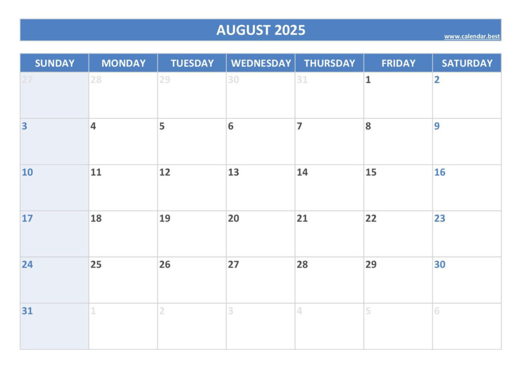 August 2025 Calendar  Calendar.best With Printable Monthly Calendar 2025 August  | CalendarCrazePrint.Com