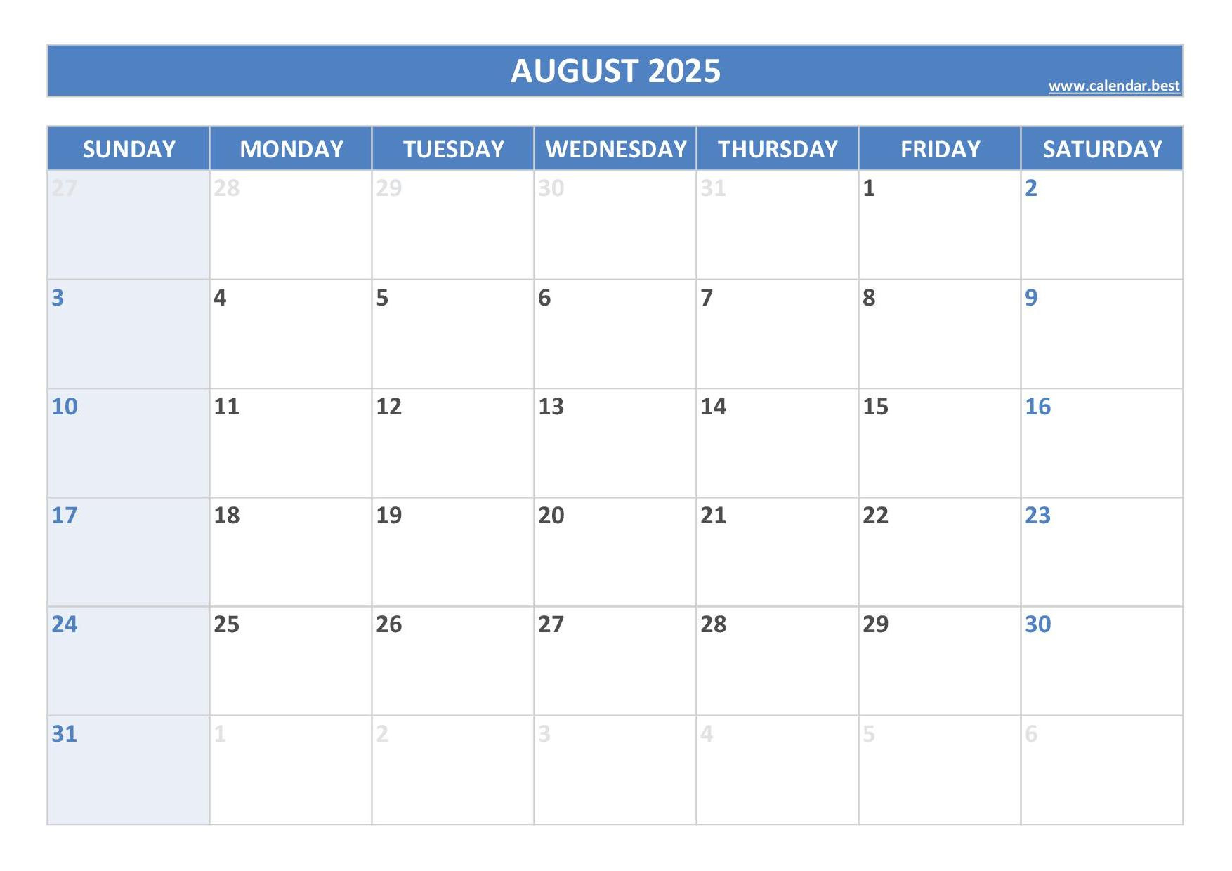 August 2025 Calendar -Calendar.best with Printable Monthly Calendar 2025 August | CalendarCrazePrint.Com