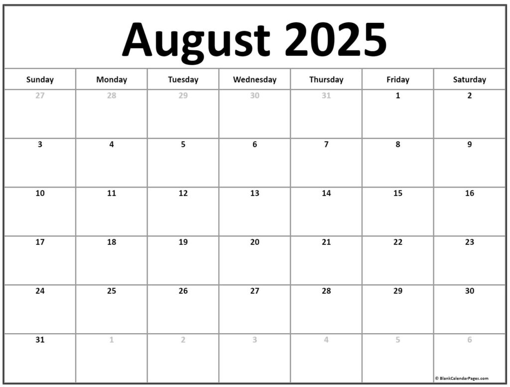 August 2025 Calendar | Free Printable Calendars In August 2025 May 2025 Calendar Printable | CalendarCrazePrint.Com