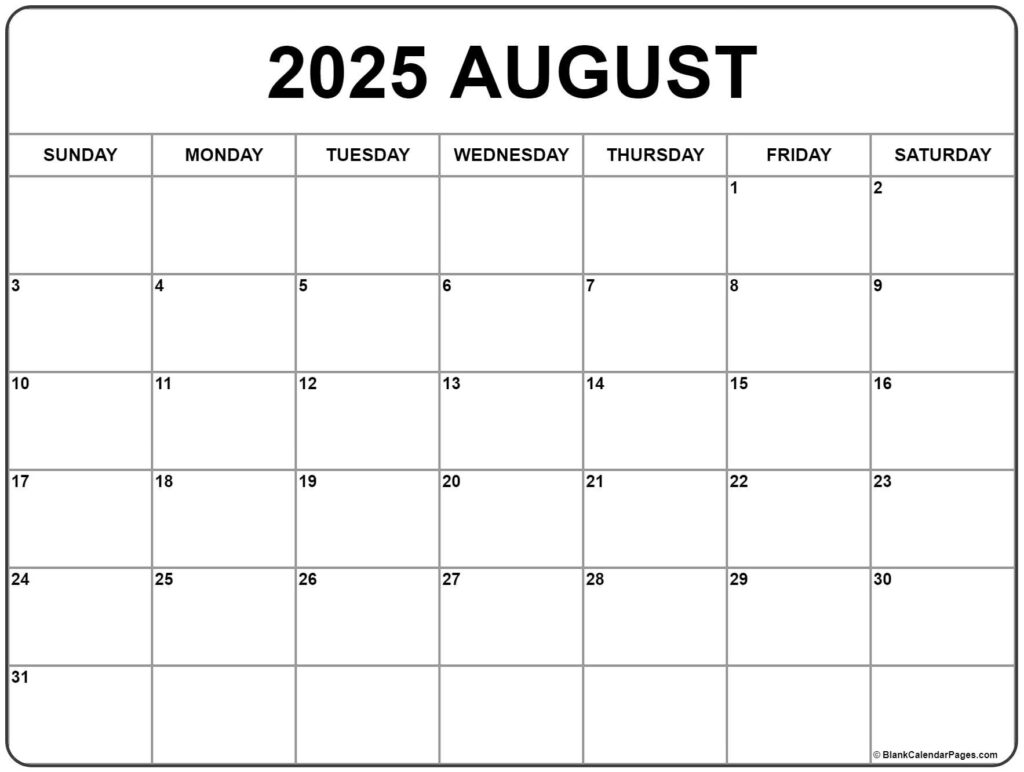 August 2025 Calendar | Free Printable Calendars In Free Printable Calendar August 2025 To July 2025 | CalendarCrazePrint.Com