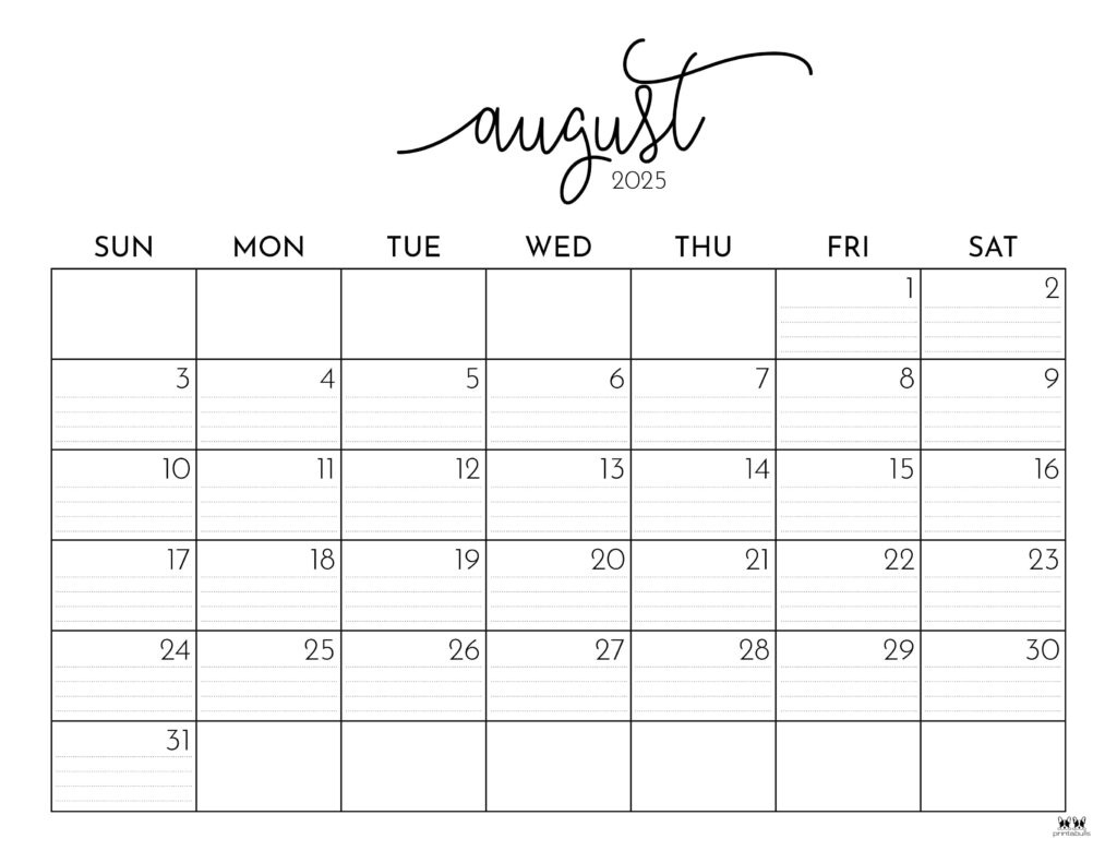 August 2025 Calendars - 107 Free Printables | Printabulls in Printable Calendar 2025 August | CalendarCrazePrint.Com