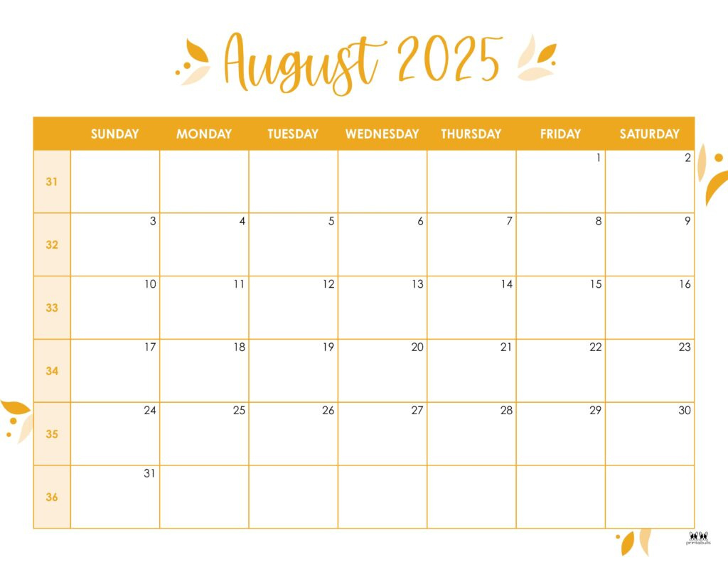 August 2025 Calendars - 107 Free Printables | Printabulls intended for Calendars 2025 | CalendarCrazePrint.Com