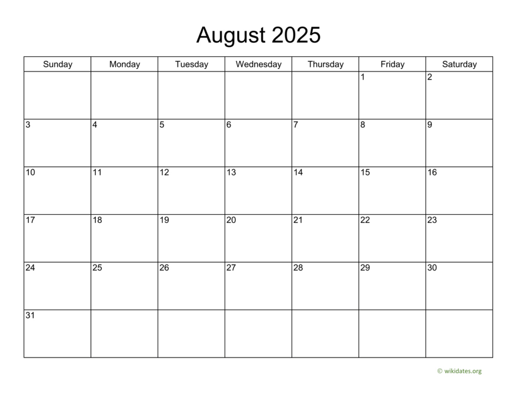 Basic Calendar For August 2025 | Wikidates For August 2025 Calendar Printable Wiki  | CalendarCrazePrint.Com