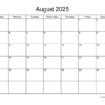 Basic Calendar For August 2025 | Wikidates For August 2025 Calendar Printable Wiki  | CalendarCrazePrint.Com