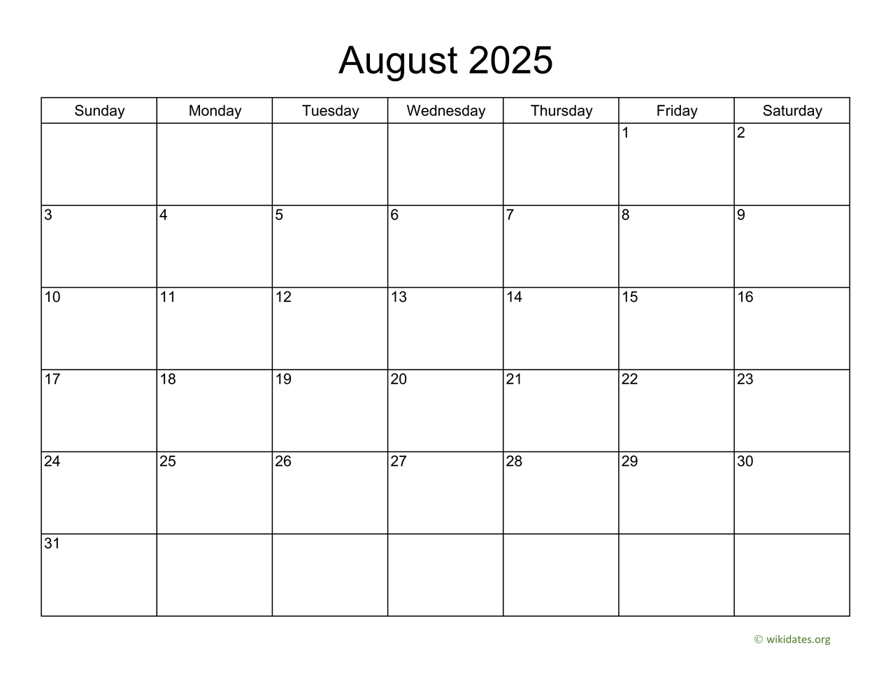 Basic Calendar For August 2025 | Wikidates for August 2025 Calendar Printable Wiki | CalendarCrazePrint.Com