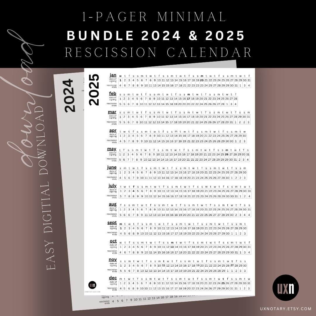 Bundle 2024 &amp;amp; 2025 Rescission Calendar Minimal Design Loan Signing throughout 2025 Rescission Calendar Printable | CalendarCrazePrint.Com