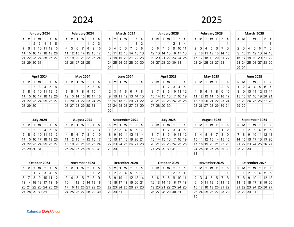 Calendar 2024 And 2025 On One Page | Calendar Quickly For  Calendars 2025 | CalendarCrazePrint.Com