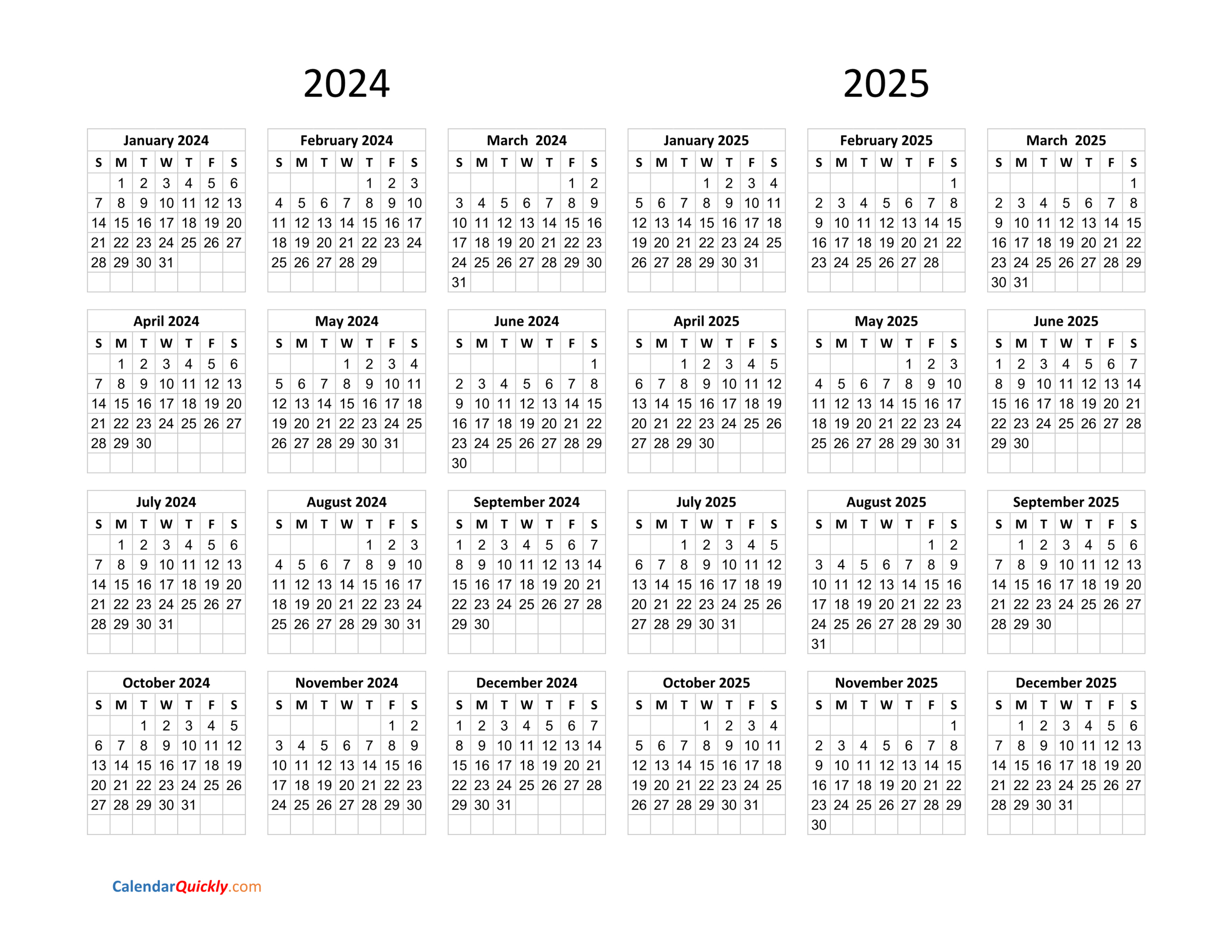 Calendar 2024 And 2025 On One Page | Calendar Quickly for Calendars 2025 | CalendarCrazePrint.Com