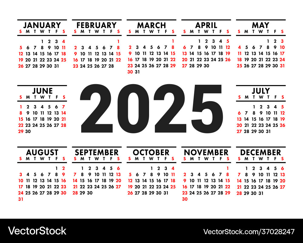 Calendar 2025 English Horizontal Wall Or Pocket Vector Image inside Printable 2025 Pocket Calendar | CalendarCrazePrint.Com