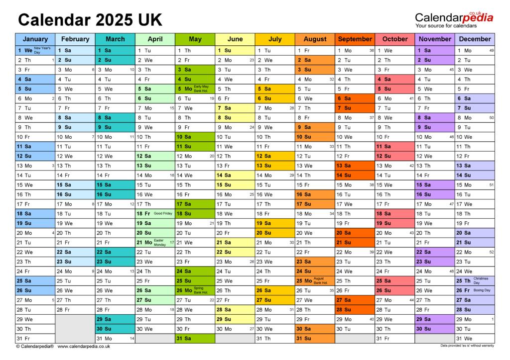 Calendar 2025 (Uk)   Free Printable Pdf Templates For  Calendars 2025 | CalendarCrazePrint.Com