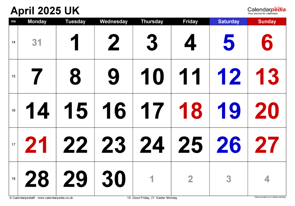 Calendar April 2025 Uk With Excel, Word And Pdf Templates For Calendar April 2025 Printable  | CalendarCrazePrint.Com