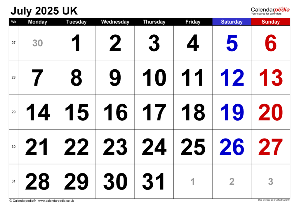 Calendar July 2025 Uk With Excel, Word And Pdf Templates Inside  Calendars 2025 | CalendarCrazePrint.Com