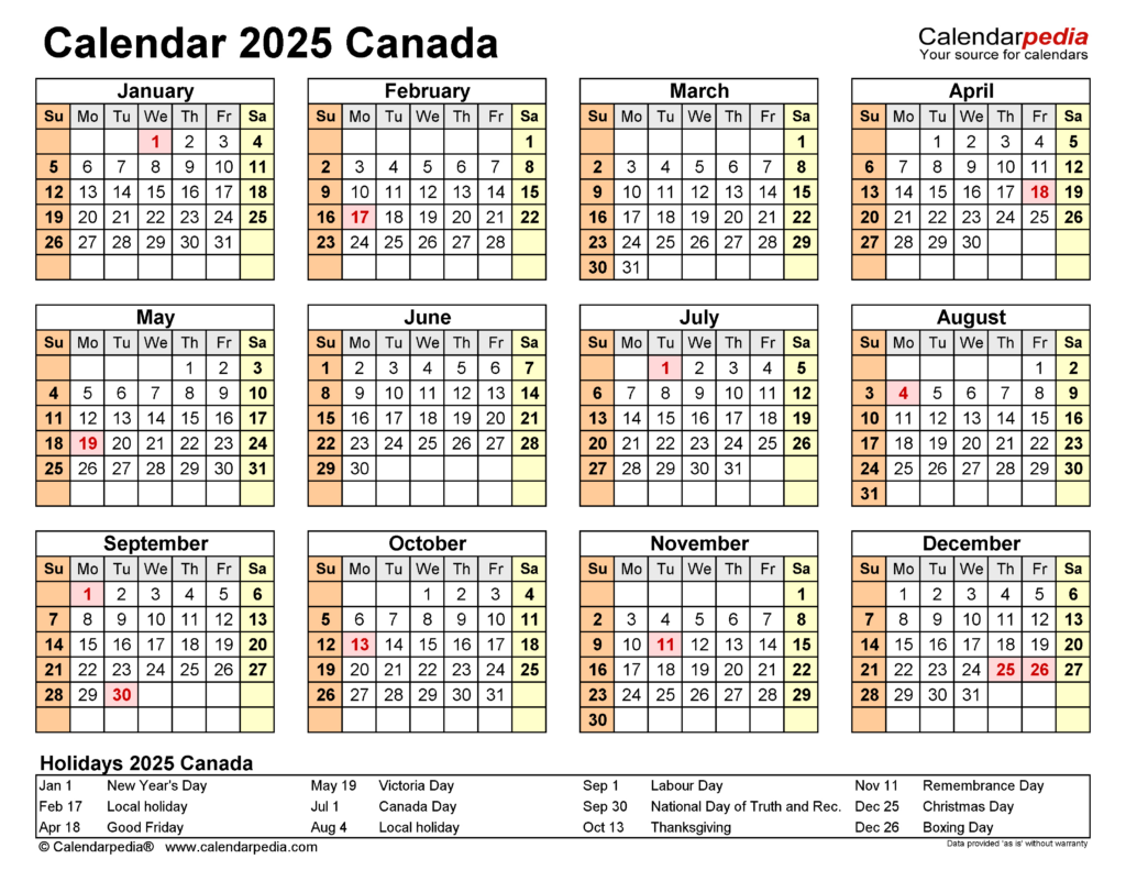 Canada Calendar 2025   Free Printable Pdf Templates For 2025 Calendar Printable Canada | CalendarCrazePrint.Com