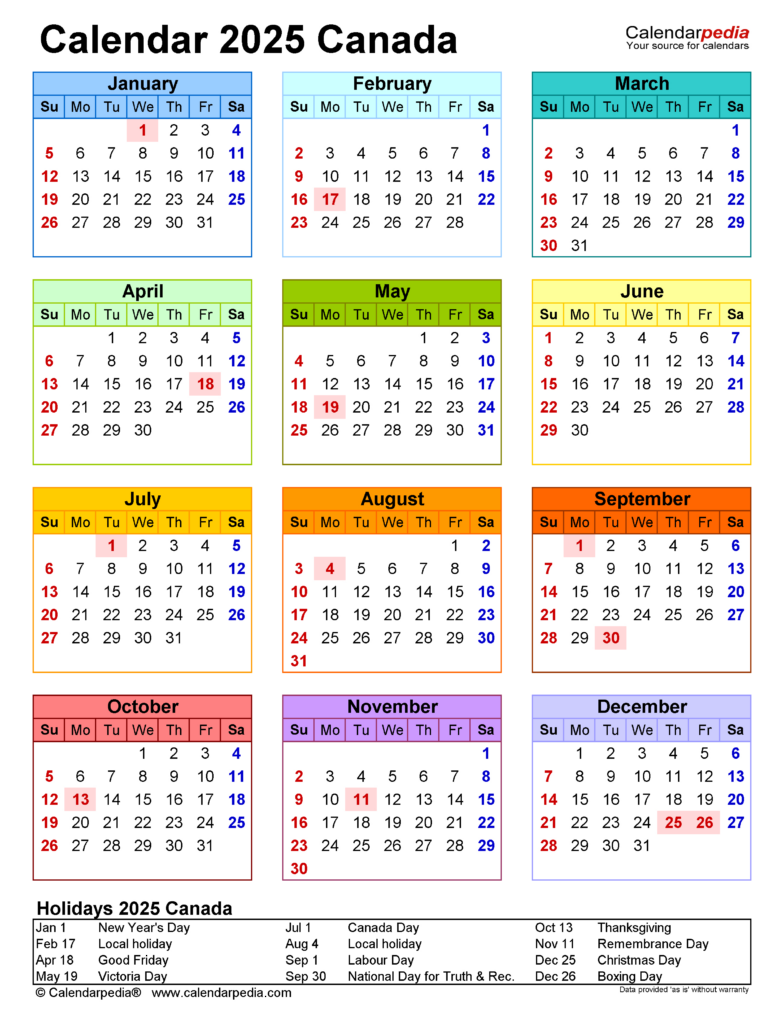 Canada Calendar 2025   Free Printable Pdf Templates Intended For 2025 Calendar Canada With Holidays Printable  | CalendarCrazePrint.Com