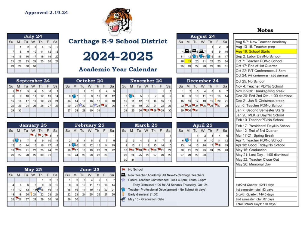 Carthage R 9   School Calendar 2024 25 For  Calendars 2025 | CalendarCrazePrint.Com