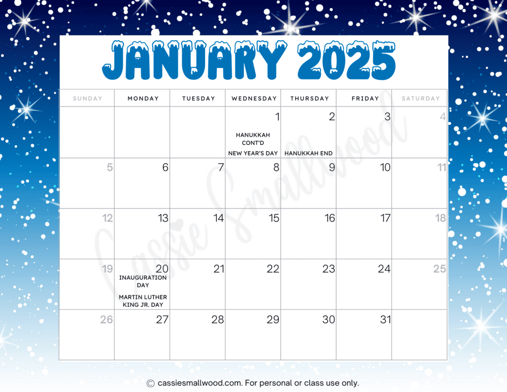 Cute 2025 Free Printable Monthly Calendars - Cassie Smallwood in 2025 Fun Holiday Calendar Printable | CalendarCrazePrint.Com