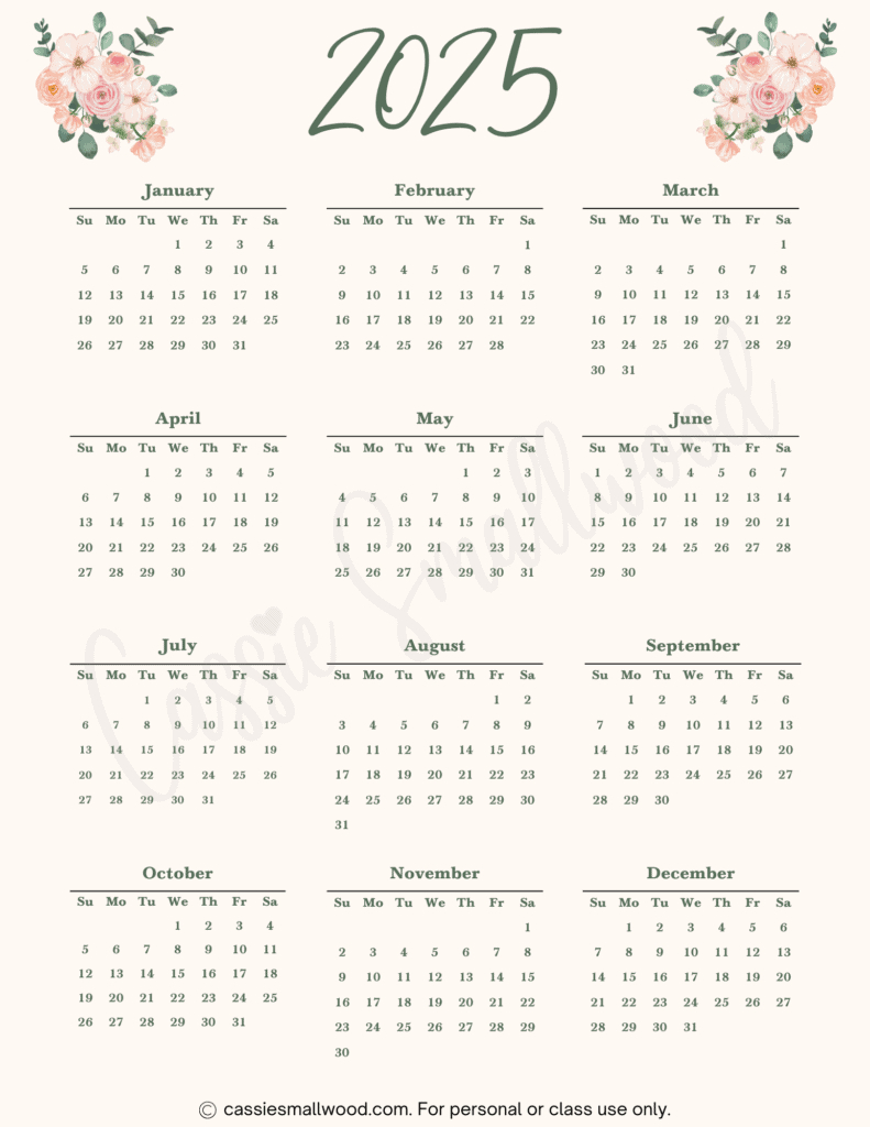 Cute 2025 Free Printable Monthly Calendars - Cassie Smallwood throughout Calendars 2025 | CalendarCrazePrint.Com