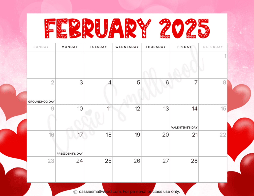 Cute 2025 Free Printable Monthly Calendars - Cassie Smallwood throughout February 2025 Calendar With Holidays Printable | CalendarCrazePrint.Com