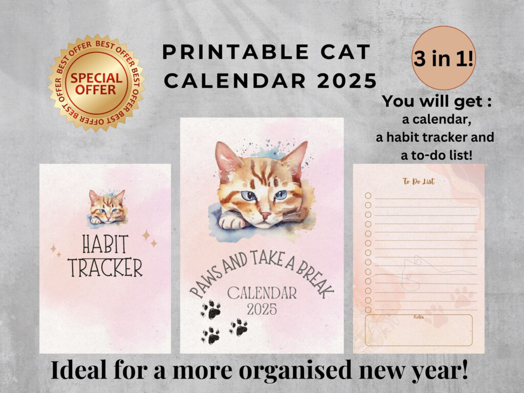 Cute Cat Calendar 2025, Cats Monthly Calendar, Adorable Printable Within Free Printable Cat Calendar 2025  | CalendarCrazePrint.Com