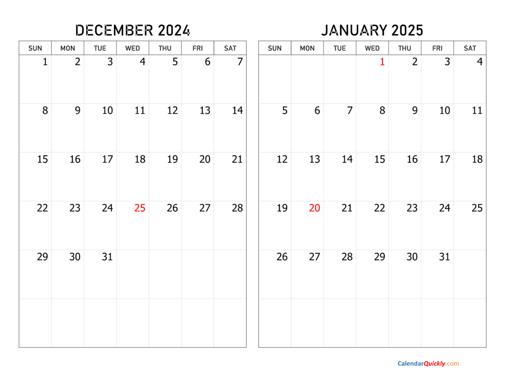 December 2024 And January 2025 Calendar | Calendar Quickly For  Calendars 2025 | CalendarCrazePrint.Com