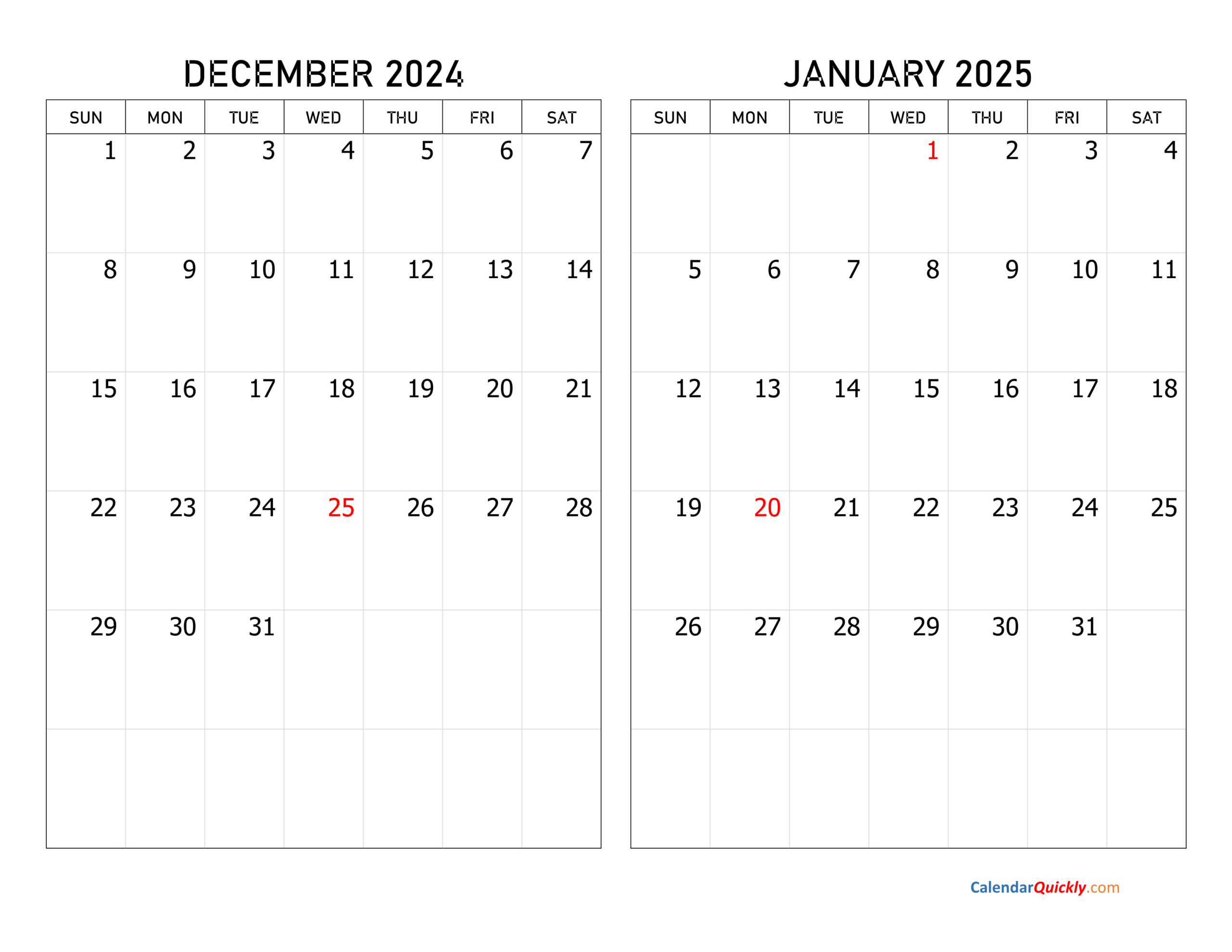 December 2024 And January 2025 Calendar | Calendar Quickly intended for December 2024 and January 2025 Calendar Printable | CalendarCrazePrint.Com