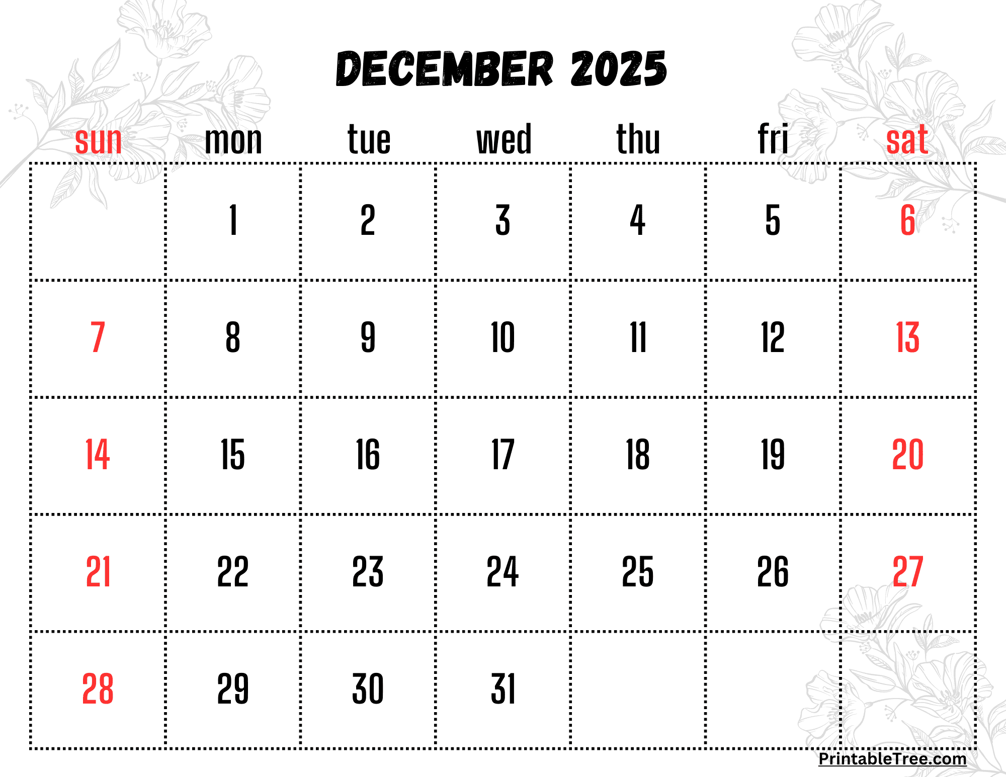 December 2025 Calendar Printable Pdf Template With Holidays in Calendars 2025 | CalendarCrazePrint.Com