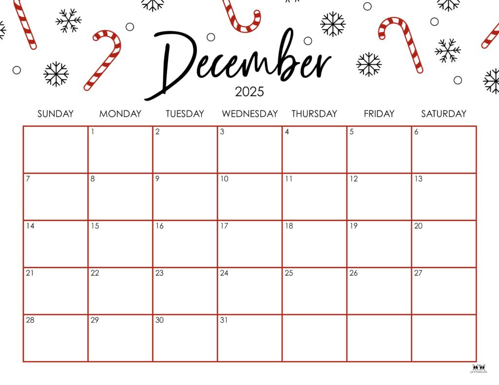 December 2025 Calendars - 107 Free Printables | Printabulls in Calendars 2025 | CalendarCrazePrint.Com