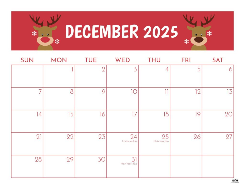 December 2025 Calendars - 107 Free Printables | Printabulls in December 2025 Printable Calendar | CalendarCrazePrint.Com