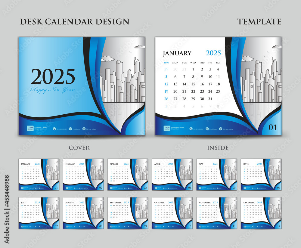 Desk Calendar 2025 Template Set, Cover Design, Blue Background intended for Calendars 2025 | CalendarCrazePrint.Com