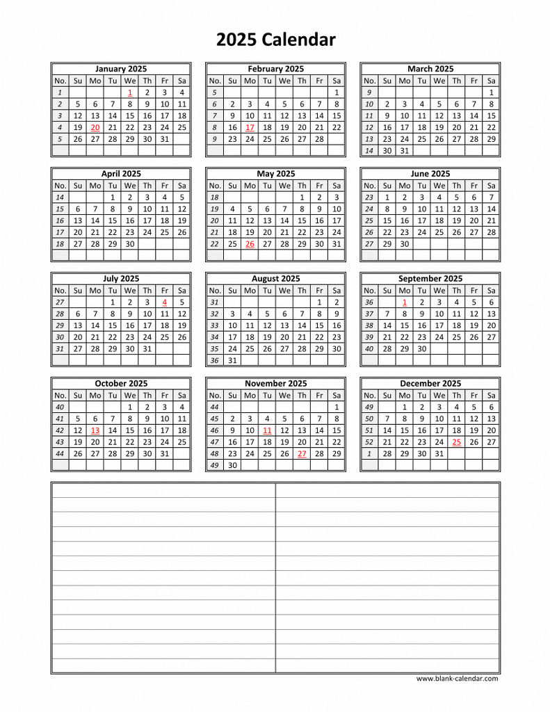 Download Blank Calendar 2025 With Space For Notes (12 Months On in 2025 12 Month Calendar On One Page Printable | CalendarCrazePrint.Com